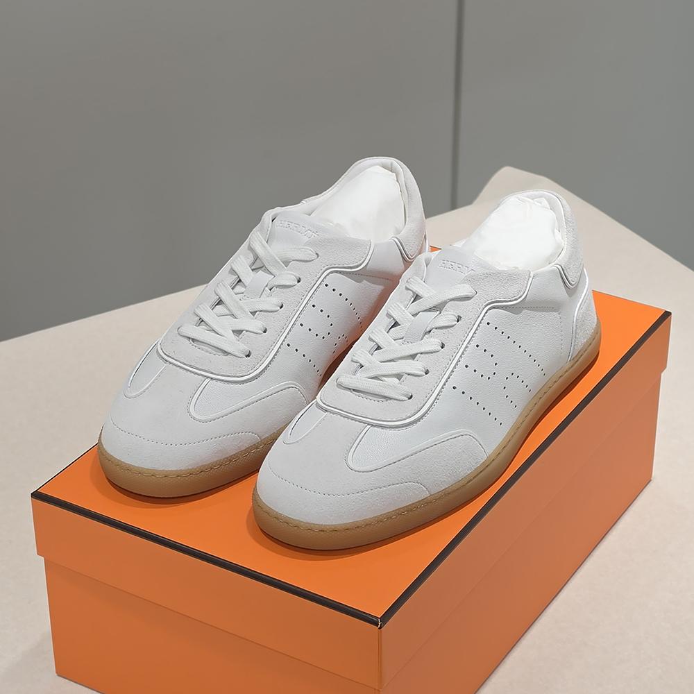 HERMES Men’s Match Sneakers White Canvas Leather Low-Top
