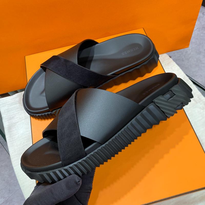 HERMES Men’s Infra Sandals Calfskin Suede Black Slides