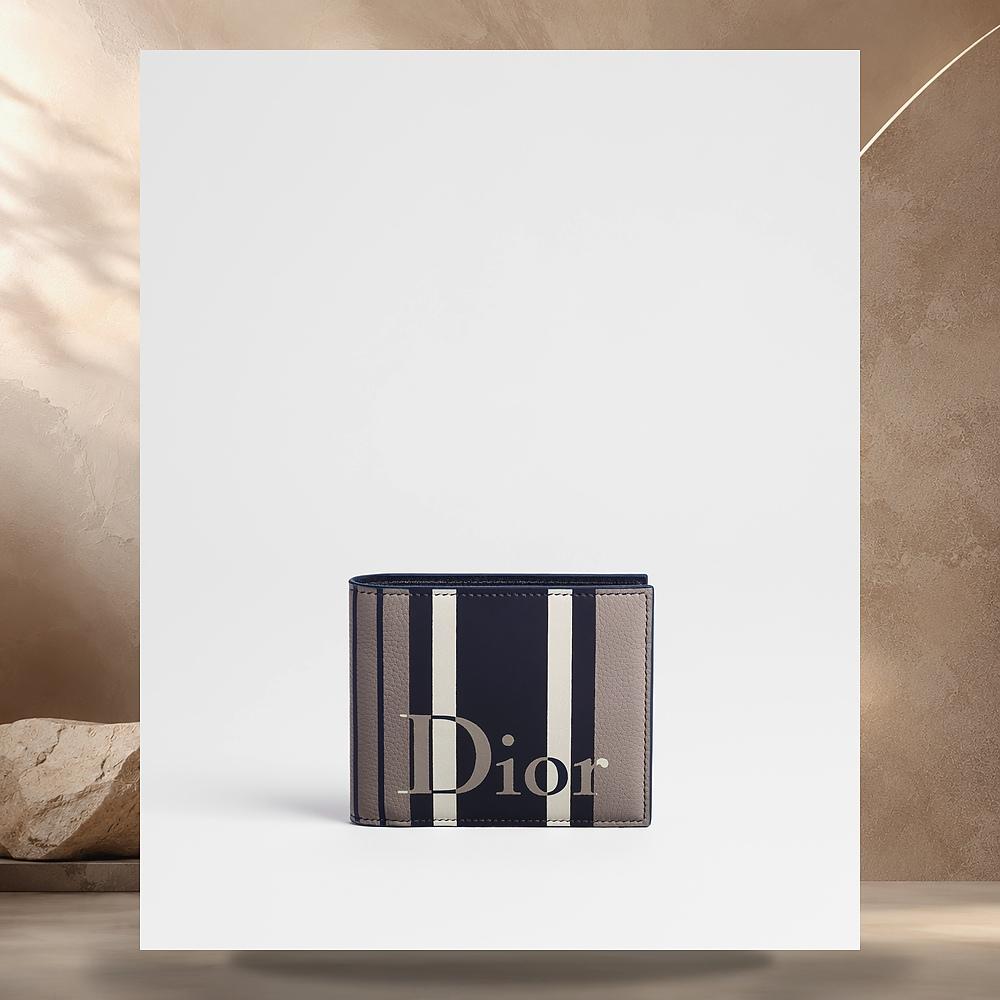 DIOR Grey Blue Stripe Calfskin Dioriviera Bifold Card Holder Wal 2ESBH096INTH058