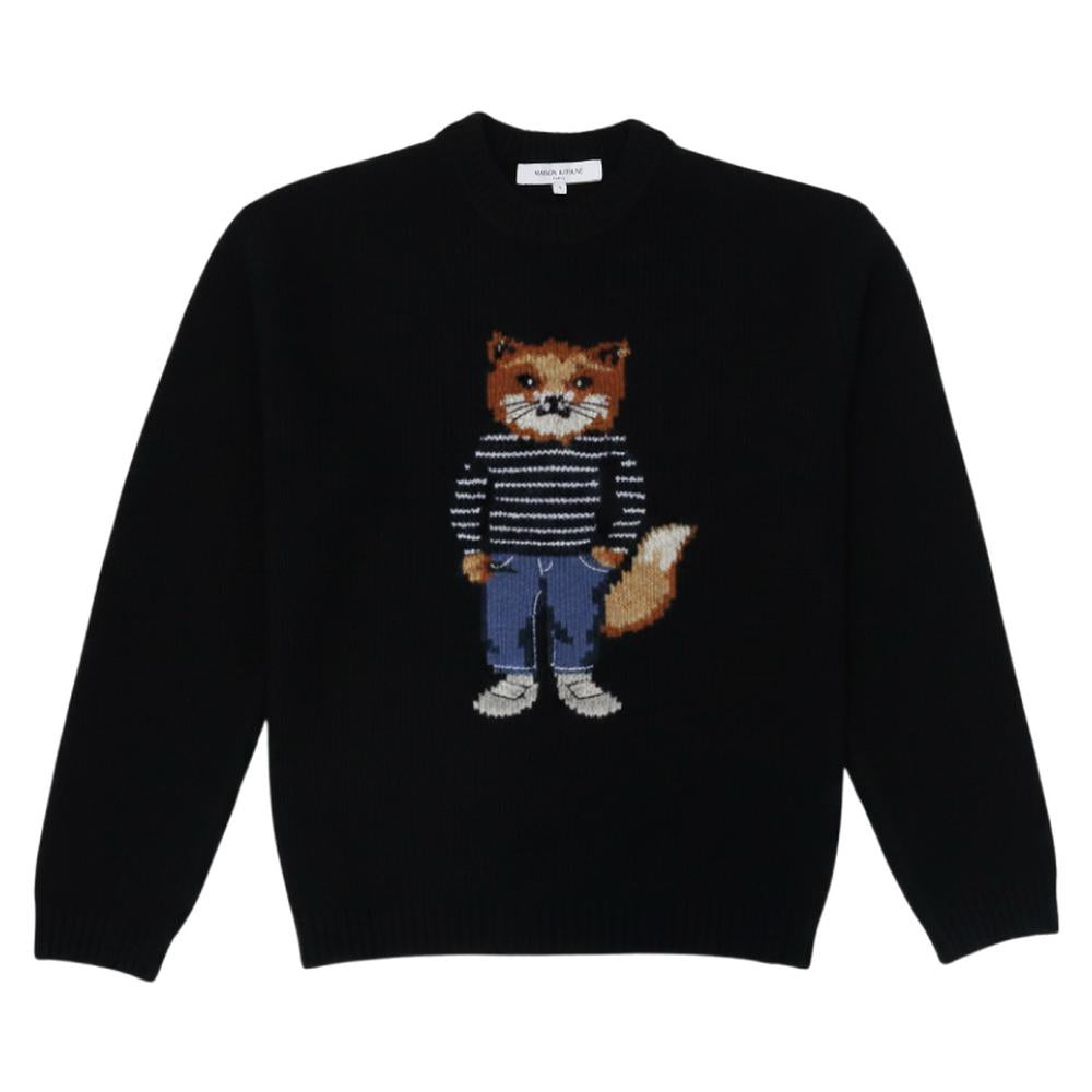 Maison Kitsune Dressed Fox Men’s Crewneck Knit Sweater Navy Wool