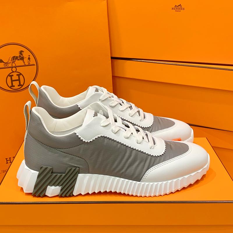 HERMES Men’s Bouncing Ripstop Fabric Calfskin Khaki Gray H Two-Tone Low-Top Snea
