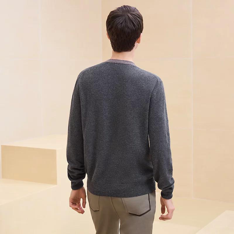 HERMES Charcoal Cashmere Sleeve Crewneck Knit Sweater for Men