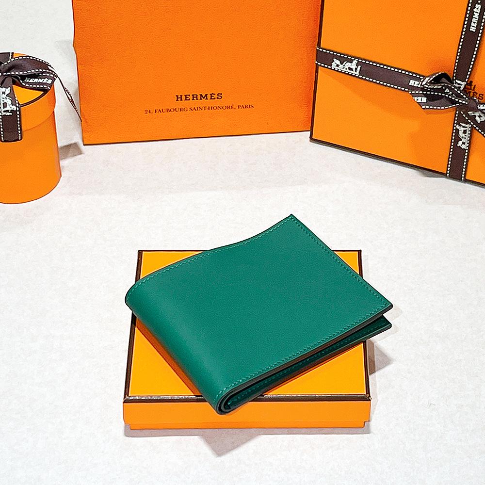 HERMES Citizen Twill Compact Wallet Evercolor Green with Blue Lining