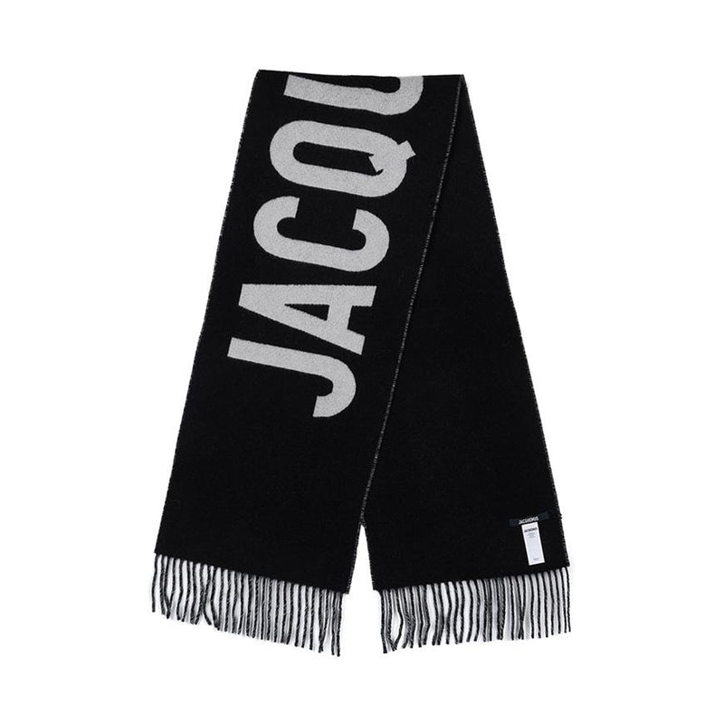 JACQUEMUS Unisex Fringe Logo Scarf Black Wool ACU00435 AOT4001