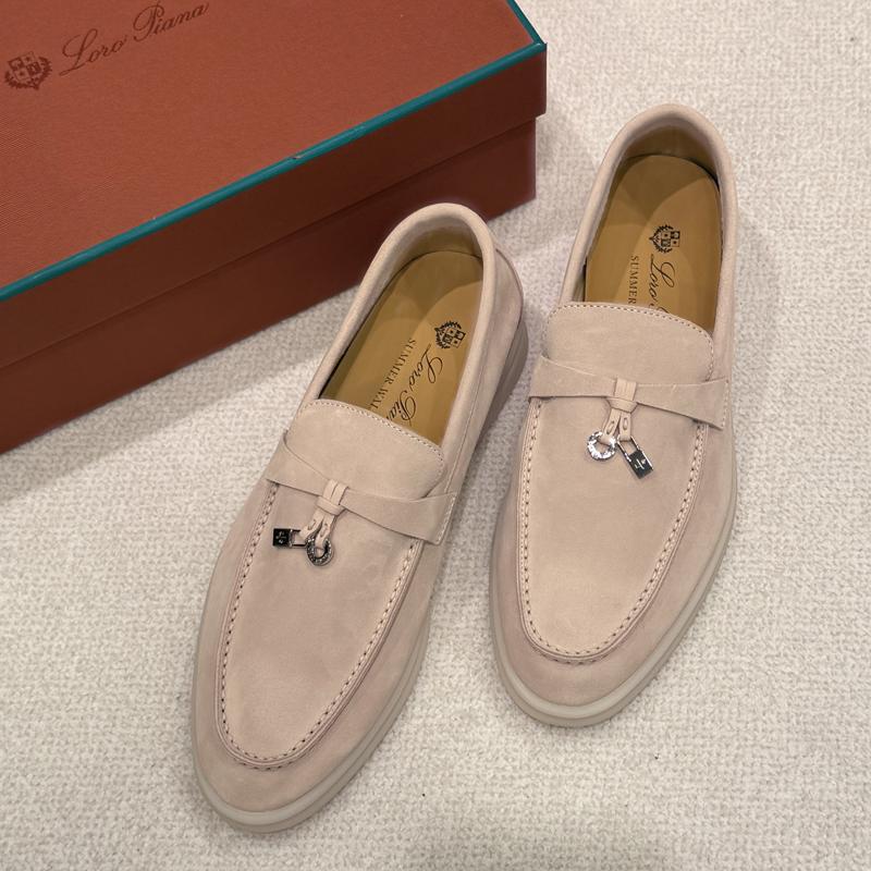 Loro Piana Suede Summer Charms Walk Loafers Pink Beige Silver-Tone