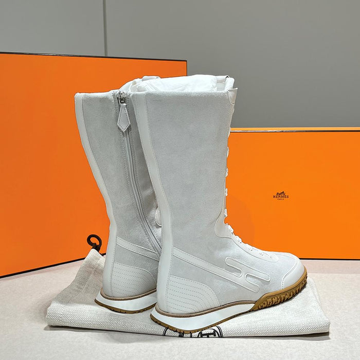 HERMES Suede Calfskin Lace-Up High-Top Sneakers White