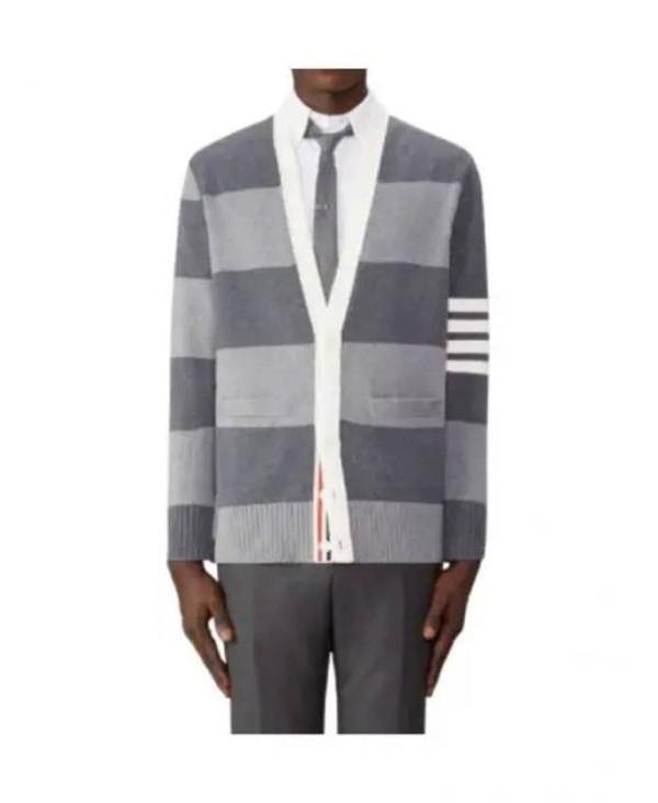 THOM BROWNE Cotton Rugby 4-Bar Rose Icon V-Neck Cardigan MKC543A Y3016 982