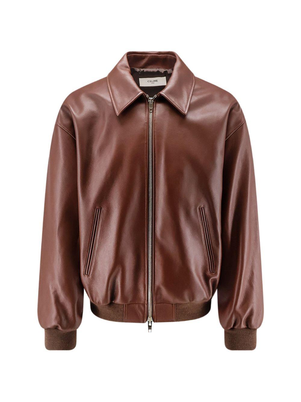 CELINE Brown Leather Bomber Jacket for Men
