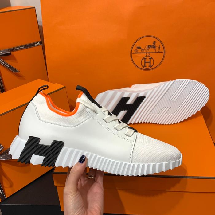 HERMES Knit Calfskin White H Black Low-Top Sneakers