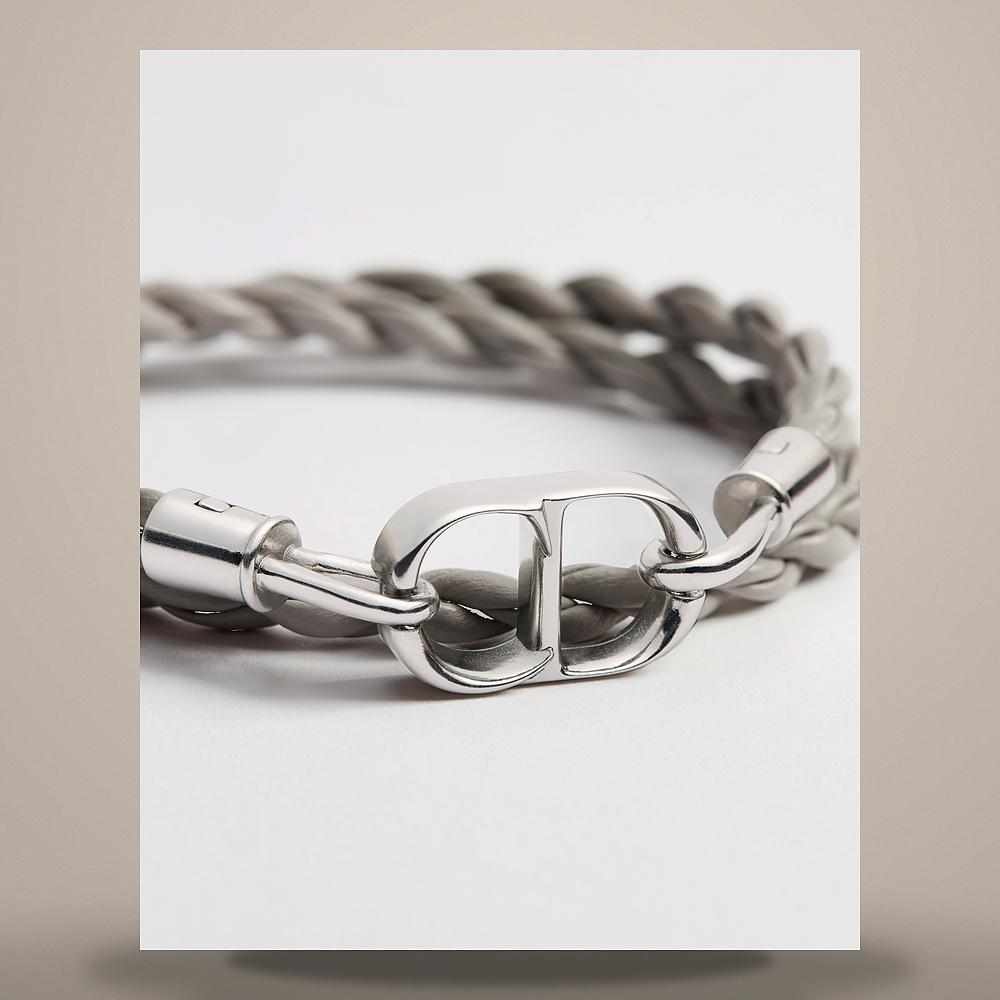 DIOR CD Icon Braided Calfskin Double Wrap Bracelet Grey Silver-T B3210HOMLE D047