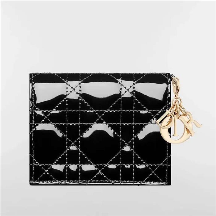 DIOR Lady Gardenia Mini Wallet Black Leather Bi-Fold