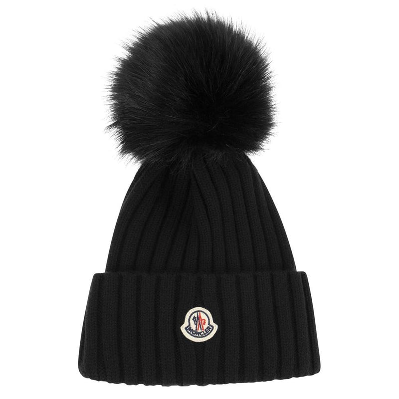 Moncler Black Logo Patch Pom Pom Beanie 3B000 13 A9327 999