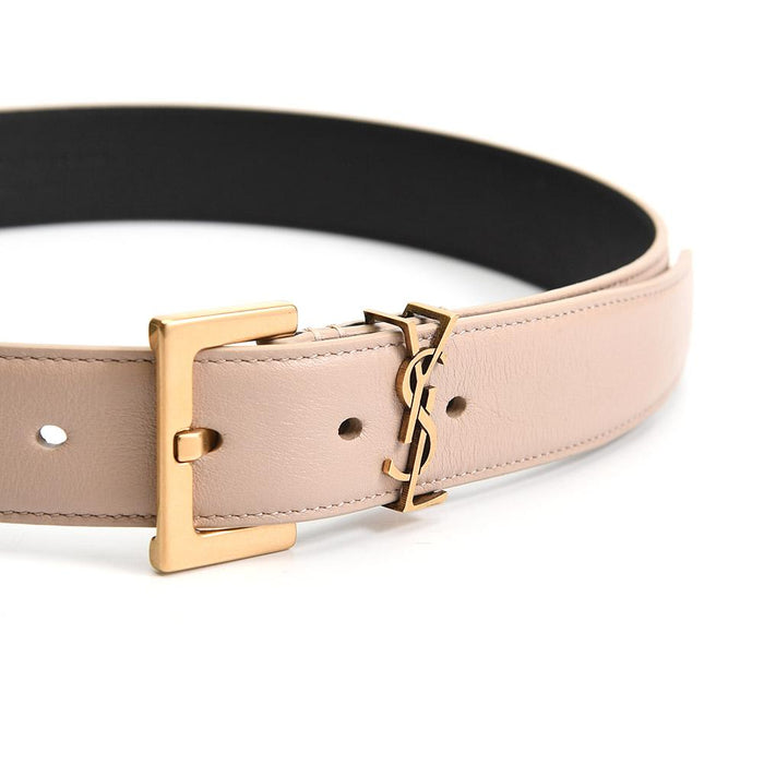 Saint Laurent Cassandra Gold Square Buckle Beige Leather Belt