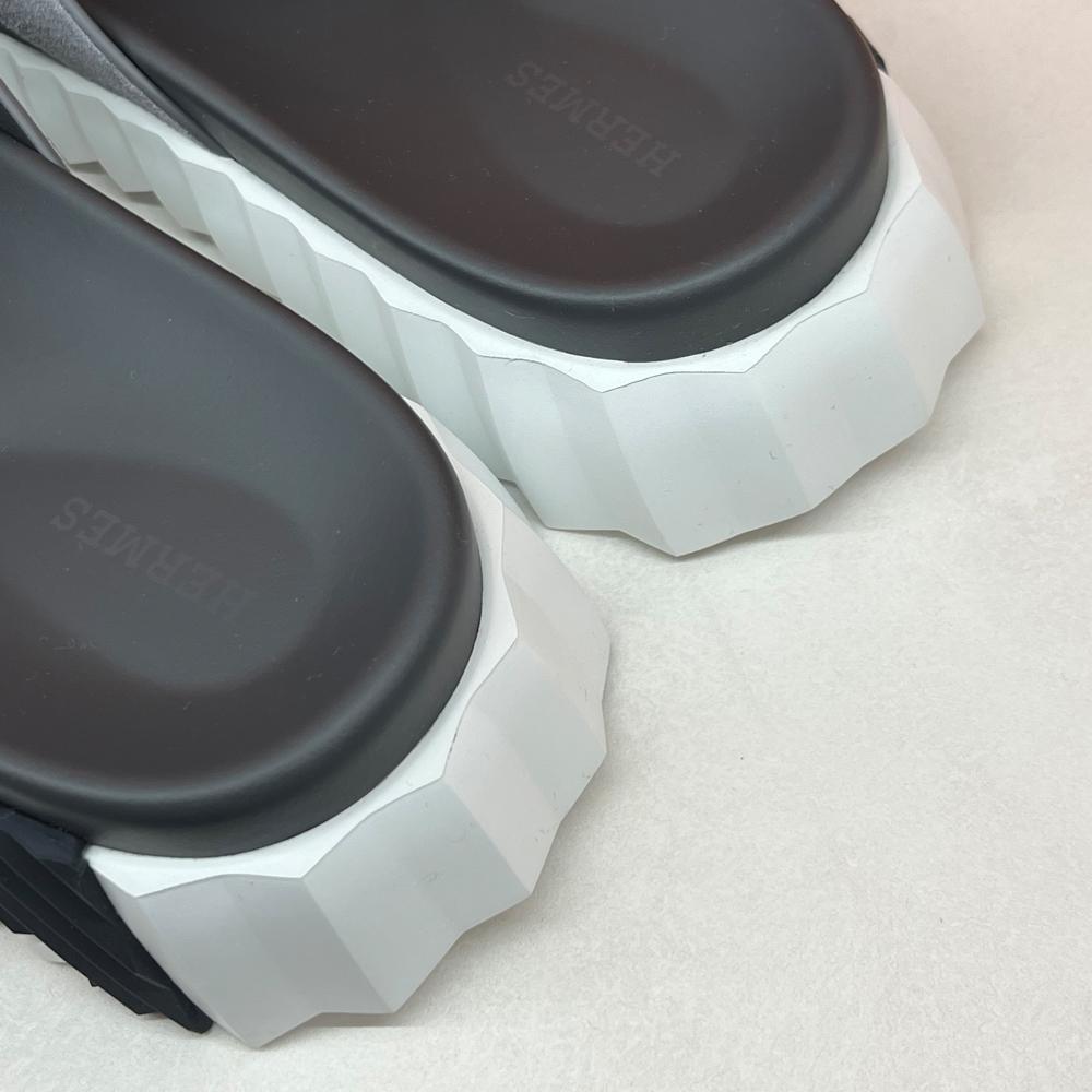 HERMES Men’s Infra Sandals Suede Calfskin Gray H Black Slippers