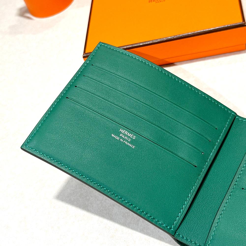 HERMES Citizen Twill Compact Wallet Evercolor Green with Blue Lining