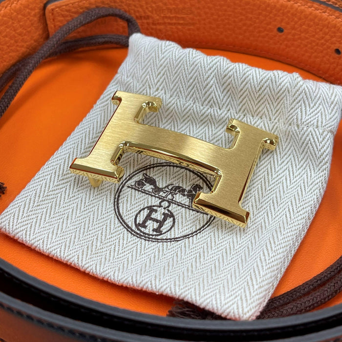 HERMES Reversible Belt Black/Orange Matte Gold Buckle 32mm