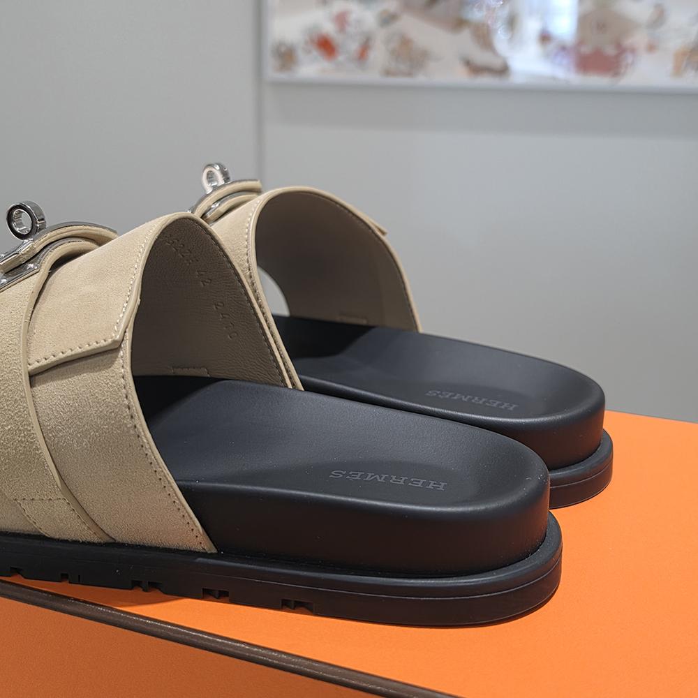 HERMES Men’s Jackson Slides Suede Calfskin Beige Silver-Tone Hardware