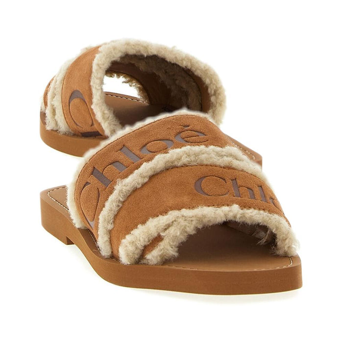 Chloe Woody Logo Shearling Strap Sandals Brown CH25W188TX 270