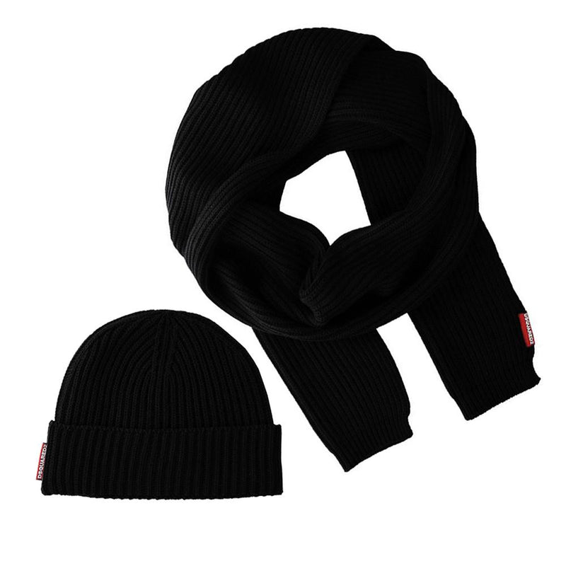 Dsquared2 Wool Blend Scarf and Beanie Set Black