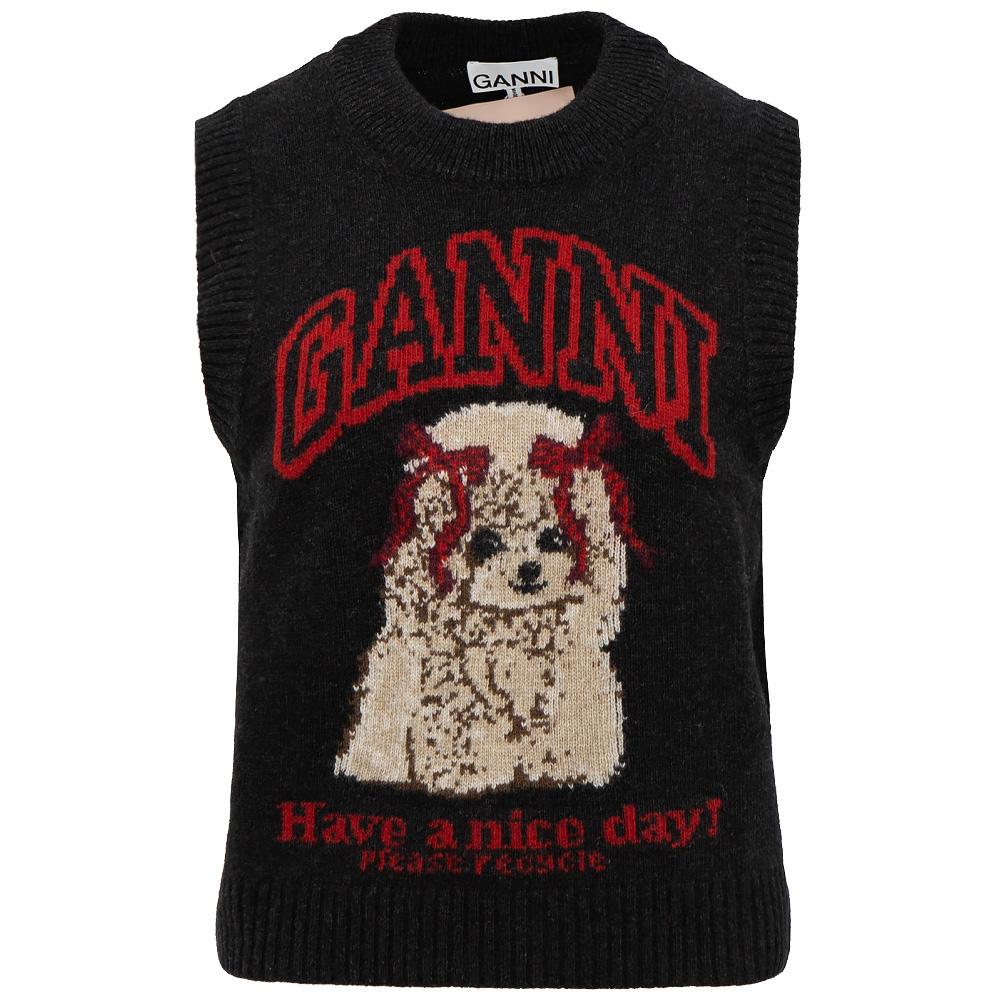 GANNI Poodle Graphic Wool Knit Black Sand Vest A1070044 052
