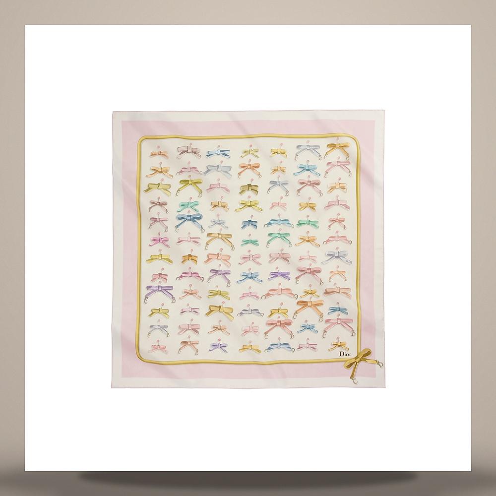 DIOR Delicate Bow 90 Square Silk Twill Scarf Pink Multi Color 62TC090S6048C419