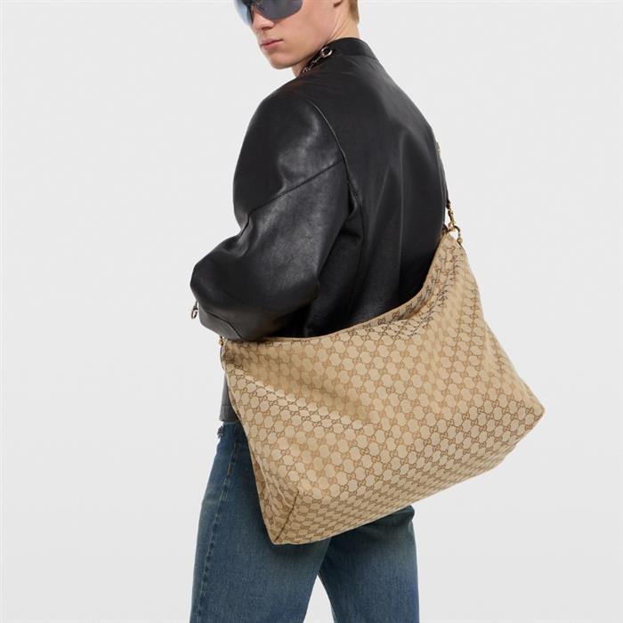 GUCCI Brera Large Crossbody Bag Beige GG Canvas Leather Trim