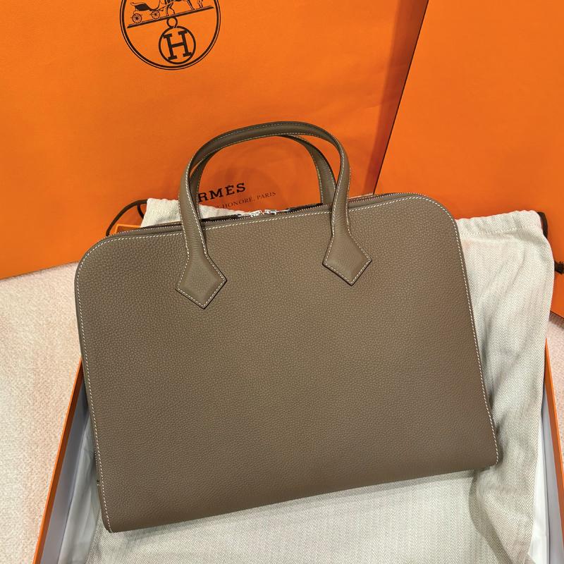 HERMES Etoupe Leather Victoria Light Brief Case Tote Bag Unisex