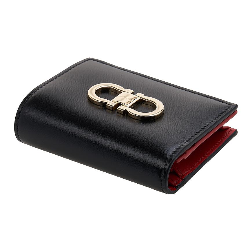 Ferragamo Gancini Compact Bifold Wallet Black Red Women’s Leather