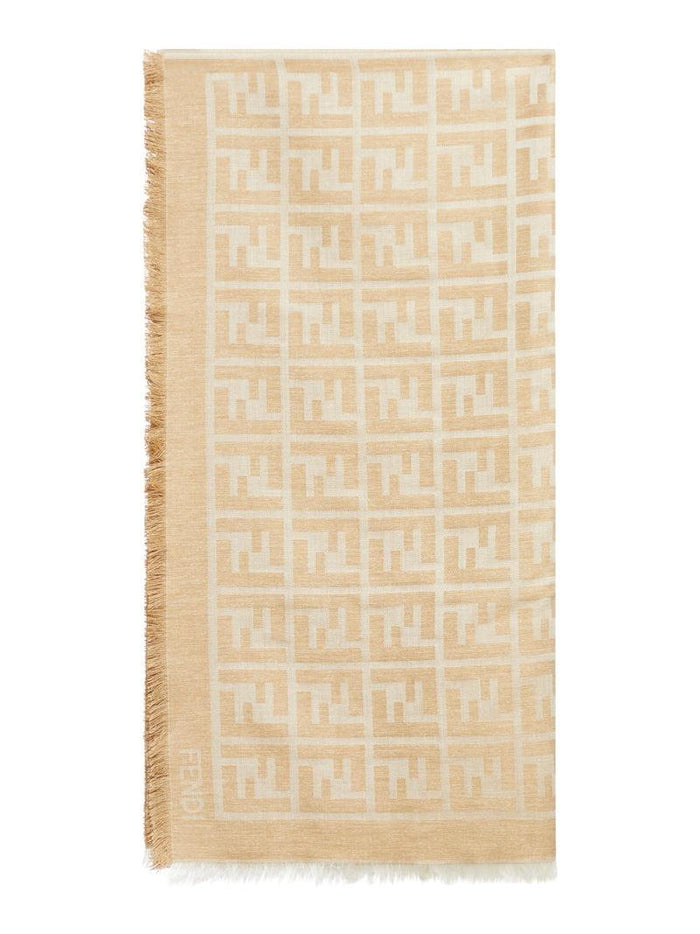 FENDI FF Jacquard Shawl Sand Cotton Silk Wool Scarf