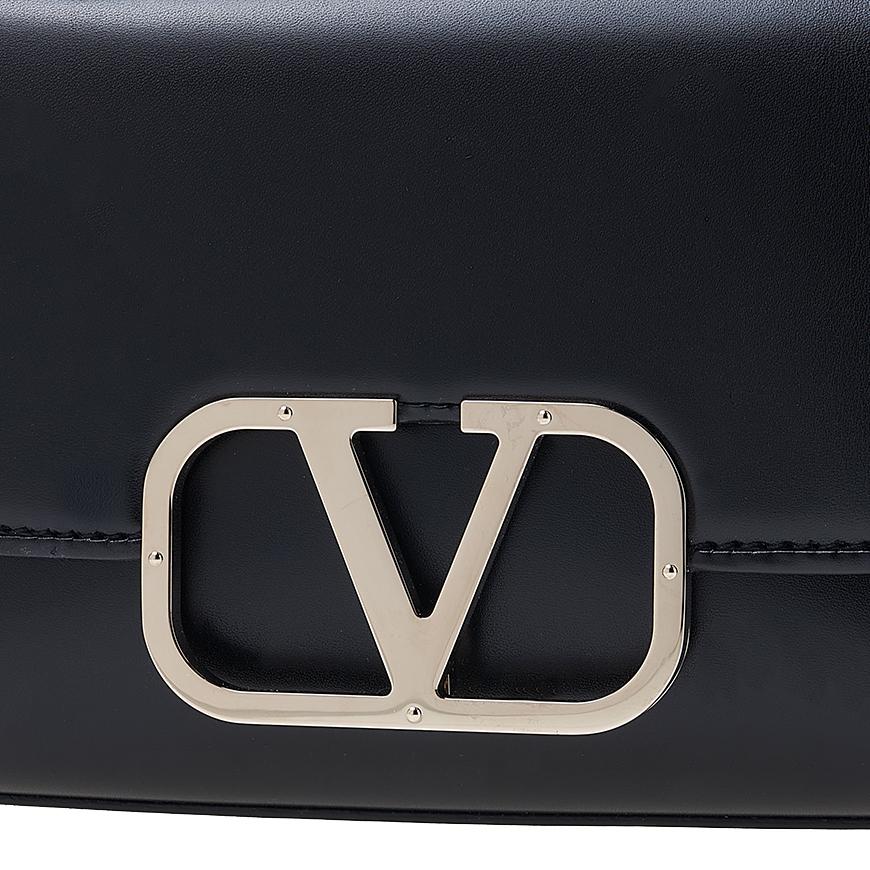 VALENTINO Garavani Signature V Logo Leather Shoulder Bag Black