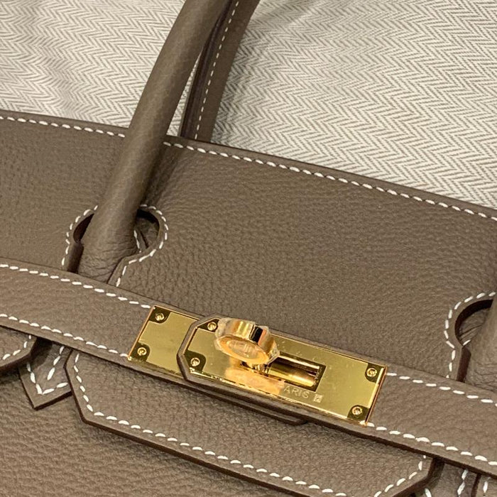 HERMES Etoupe Leather Birkin 30 Tote Bag with Gold Hardware