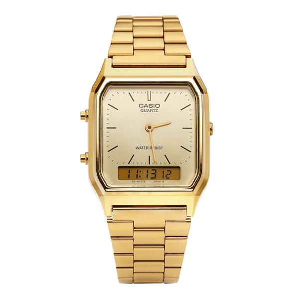 Casio Gold Square Digital Analog Dual Time Metal Watch Unisex AQ 230GA 9DHDF