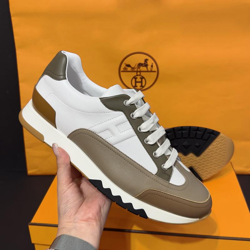 HERMES Men’s Calfskin Trail Sneakers White Brown Low-Top