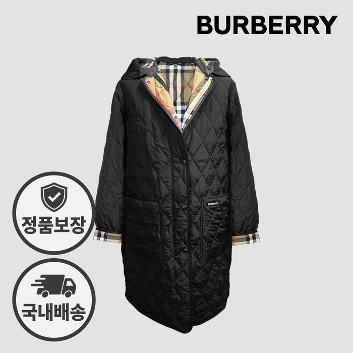 BURBERRY Black Quilted Long Hooded Jacket