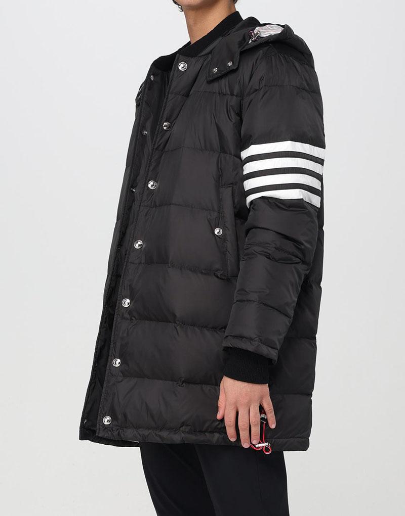 THOM BROWNE Black Down Hooded Long Puffer Coat with Stripes