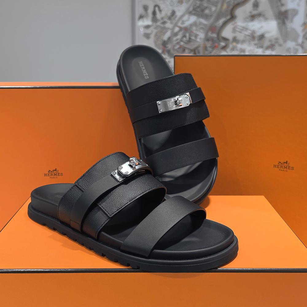 HERMES Men’s Jackson Slides Epsom Calfskin Black Silver-Tone Hardware