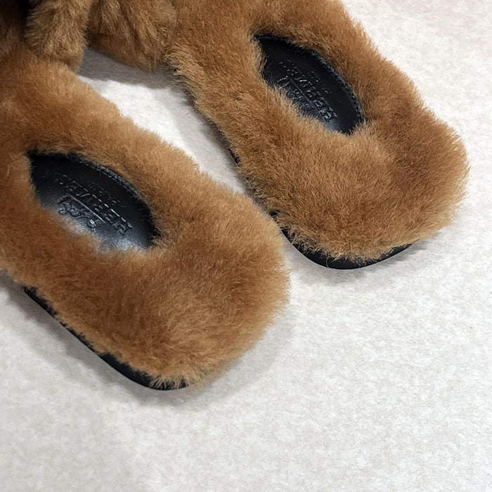 HERMES Shearling Calfskin Julia Sandals Brown Black Silver-Tone