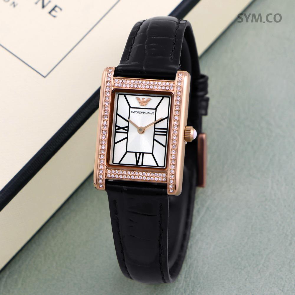 Emporio Armani Rose Gold Crystal Square Roman Dial Women’s Leather Watch AR11624