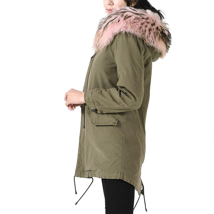 Mr & Mrs Khaki Raccoon Fur Shearling Parka Jacket