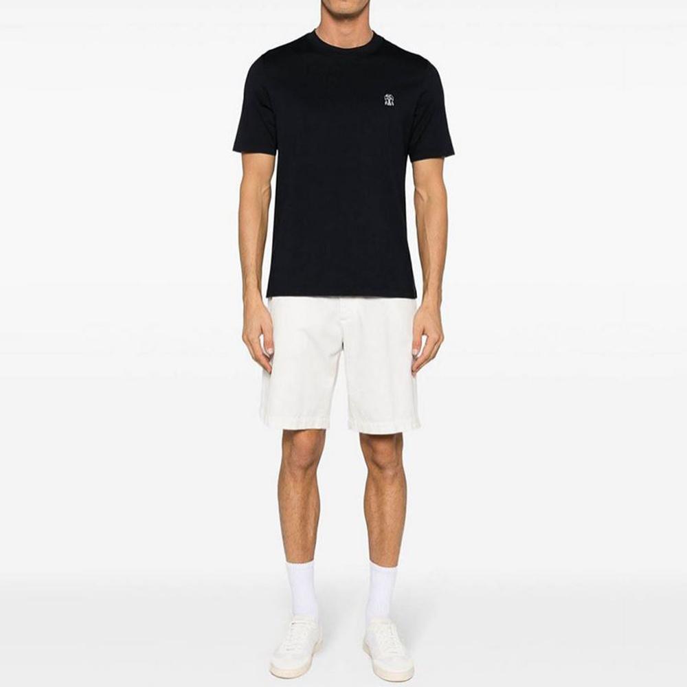 Brunello Cucinelli Logo Cotton Jersey Crewneck T-Shirt Blue White