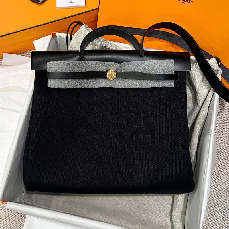 HERMES Black Canvas Herbag 39 Shoulder Tote Bag Gold Hardware