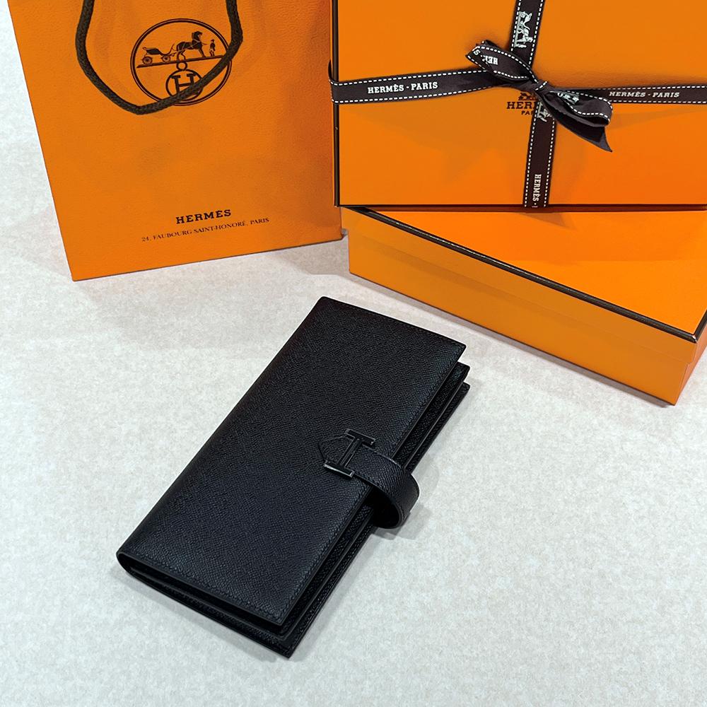 HERMES So Black Epsom Leather Bearn Long Wallet Unisex