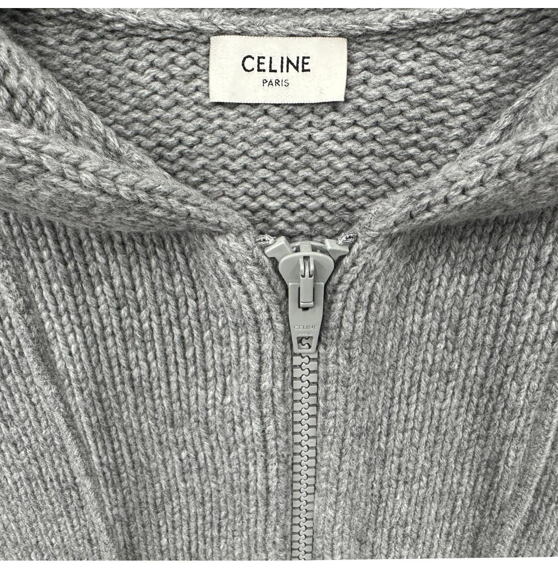 CELINE Logo Wool Hooded Zip-Up Sweater for Men Gray