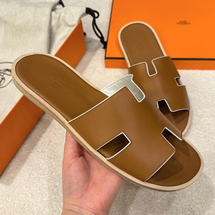 HERMES Izmir Sandals Calfskin Brown with White Accent Men’s