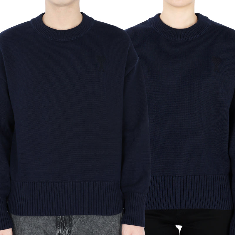 AMI Navy Heart Logo Embroidered Knit Sweater Unisex