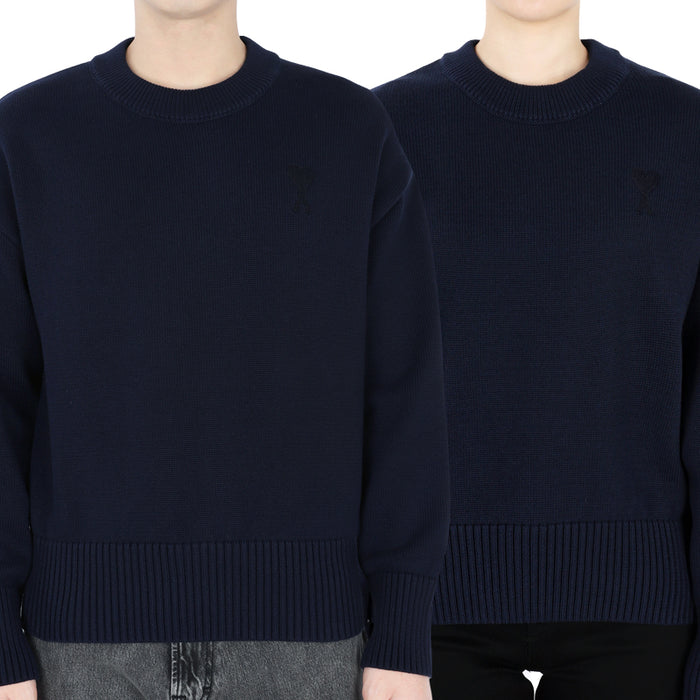 AMI Navy Heart Logo Embroidered Knit Sweater Unisex