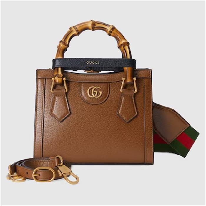 GUCCI Diana Small Tote Bag Brown Leather Top Handle Handbag