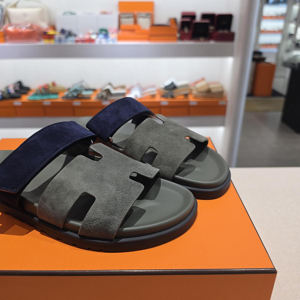 HERMES Men’s Cipre Suede Sandals Khaki Navy