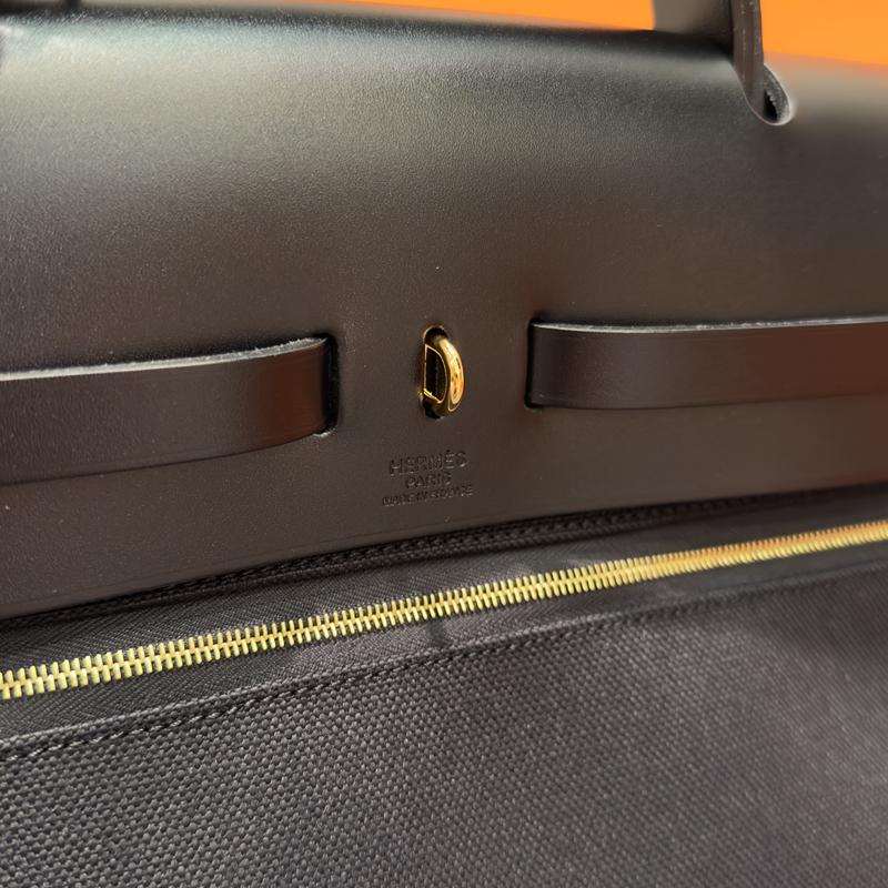HERMES Black Canvas Herbag 39 Shoulder Tote Bag Gold Hardware