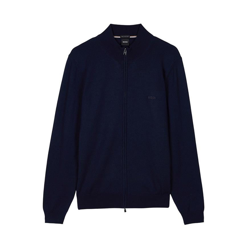 HUGO BOSS Men’s Zip-Up Cardigan with Embroidered Logo Navy Knit
